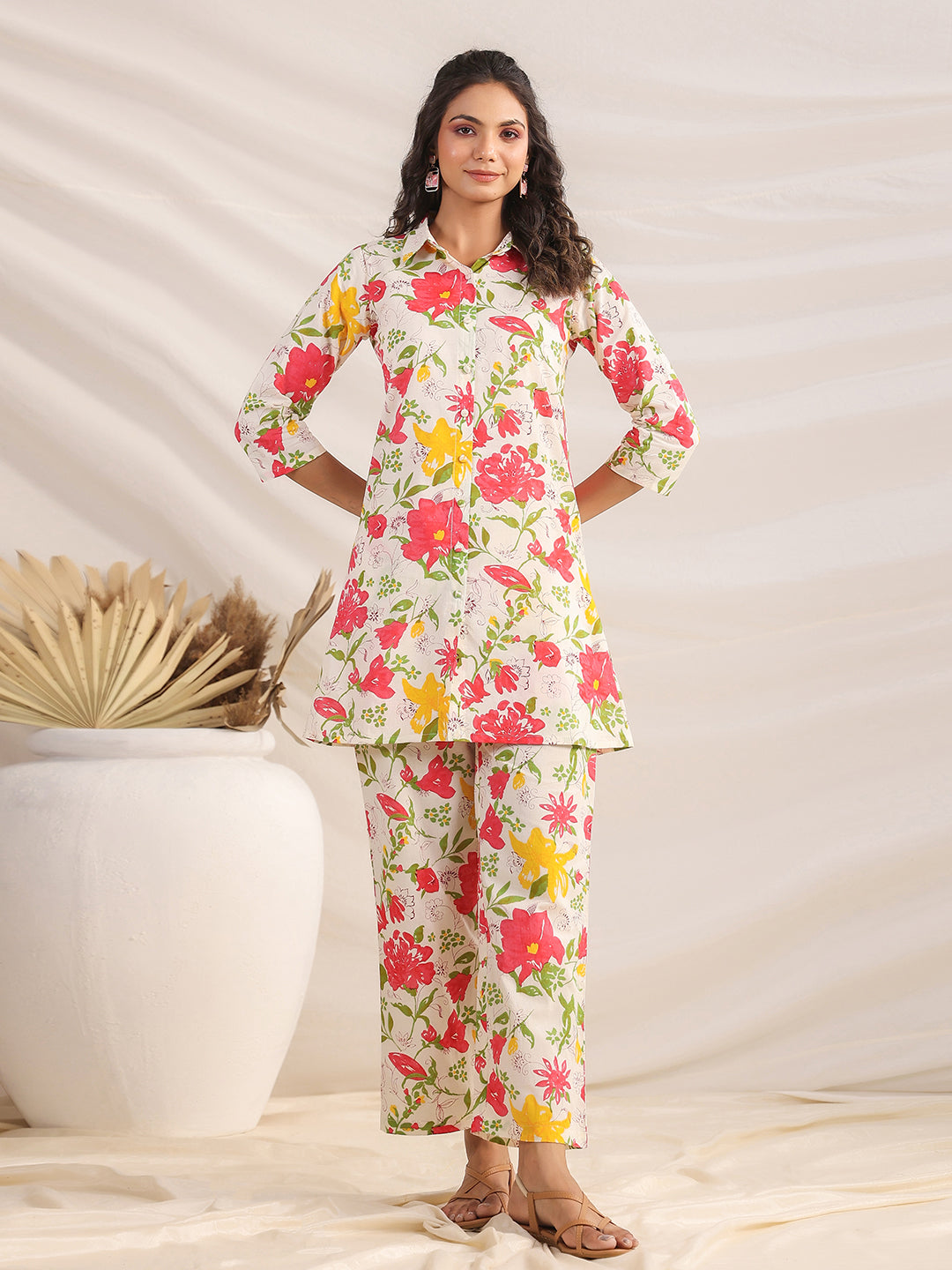 Off White Cotton Floral Regular Co-ord Set