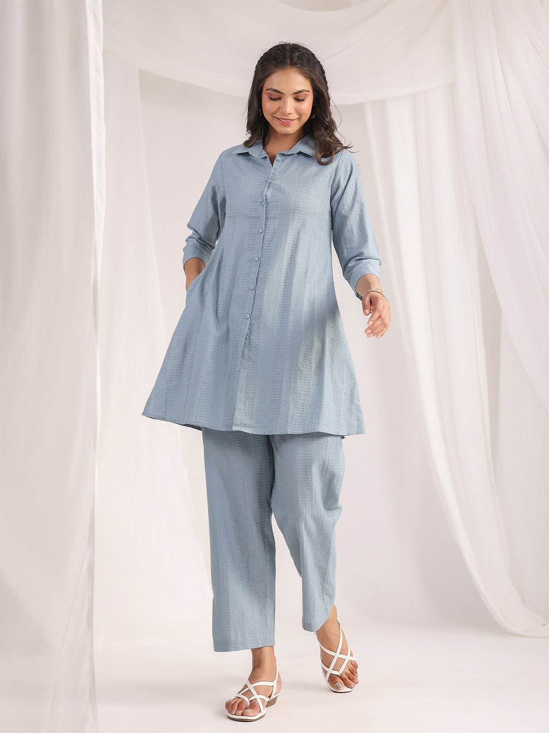 Light Blue Cotton Jacquard Self Design Shirt Co-ord Set