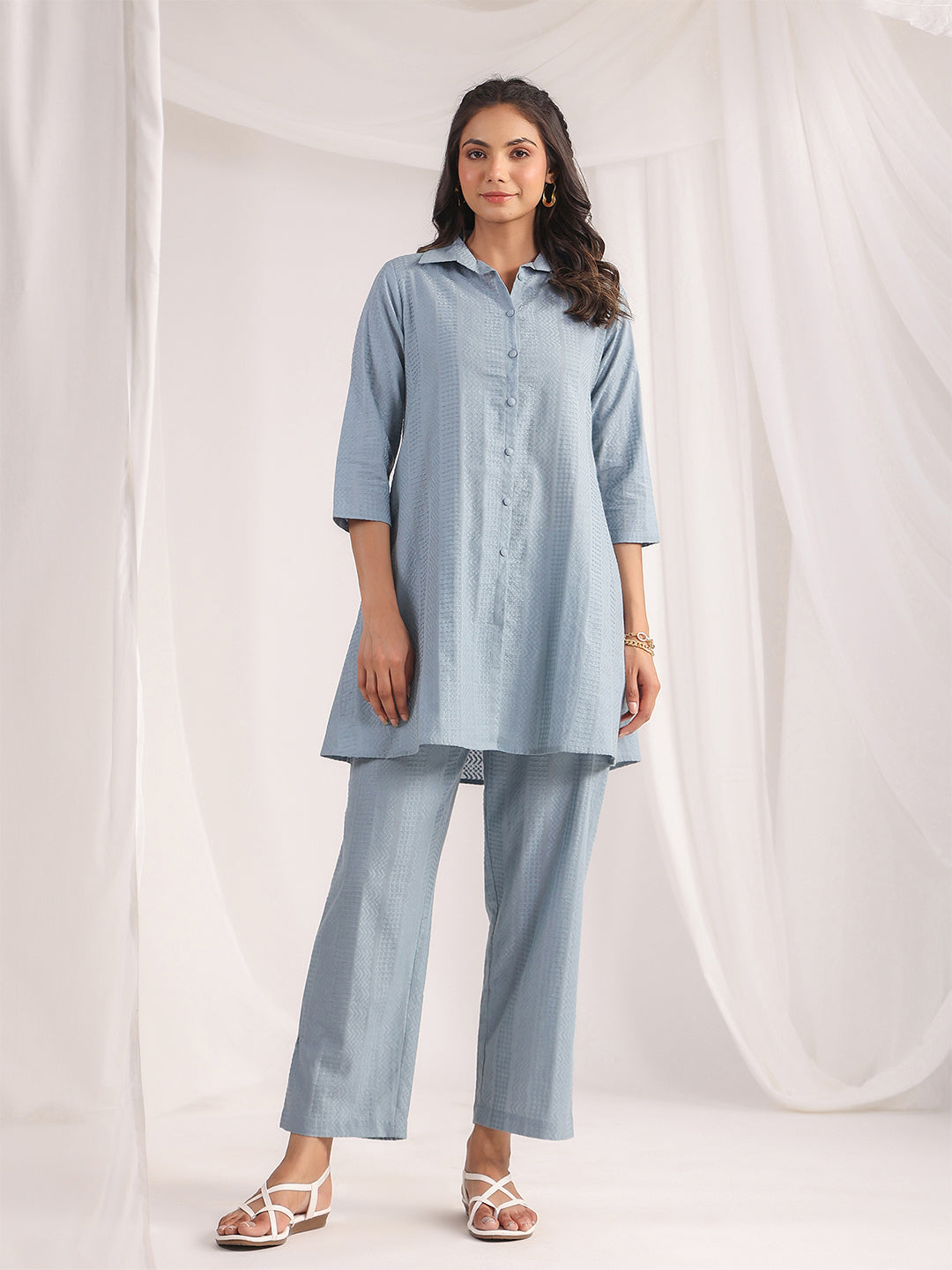 Light Blue Cotton Jacquard Self Design Shirt Co-ord Set