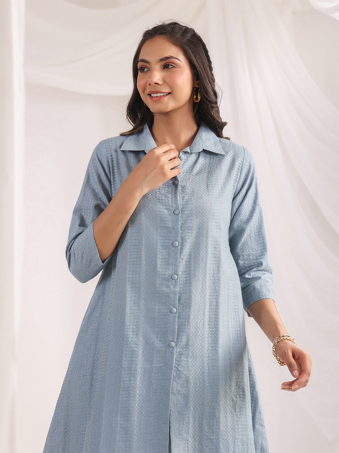 Light Blue Cotton Jacquard Self Design Shirt Co-ord Set