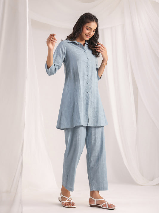 Light Blue Cotton Jacquard Self Design Shirt Co-ord Set