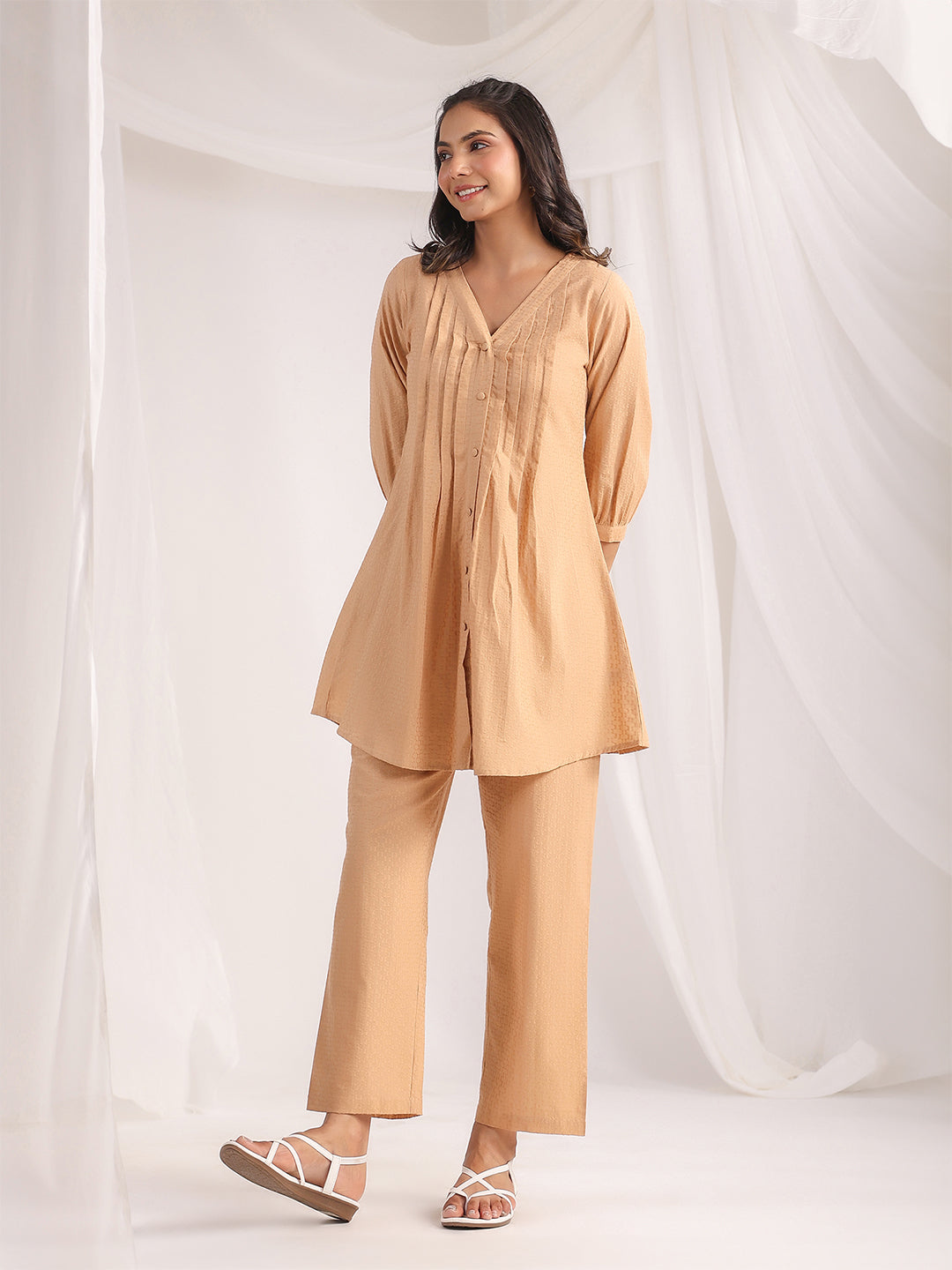 Peach Cotton Jacquard Self Design Pleated Co-Ord Set