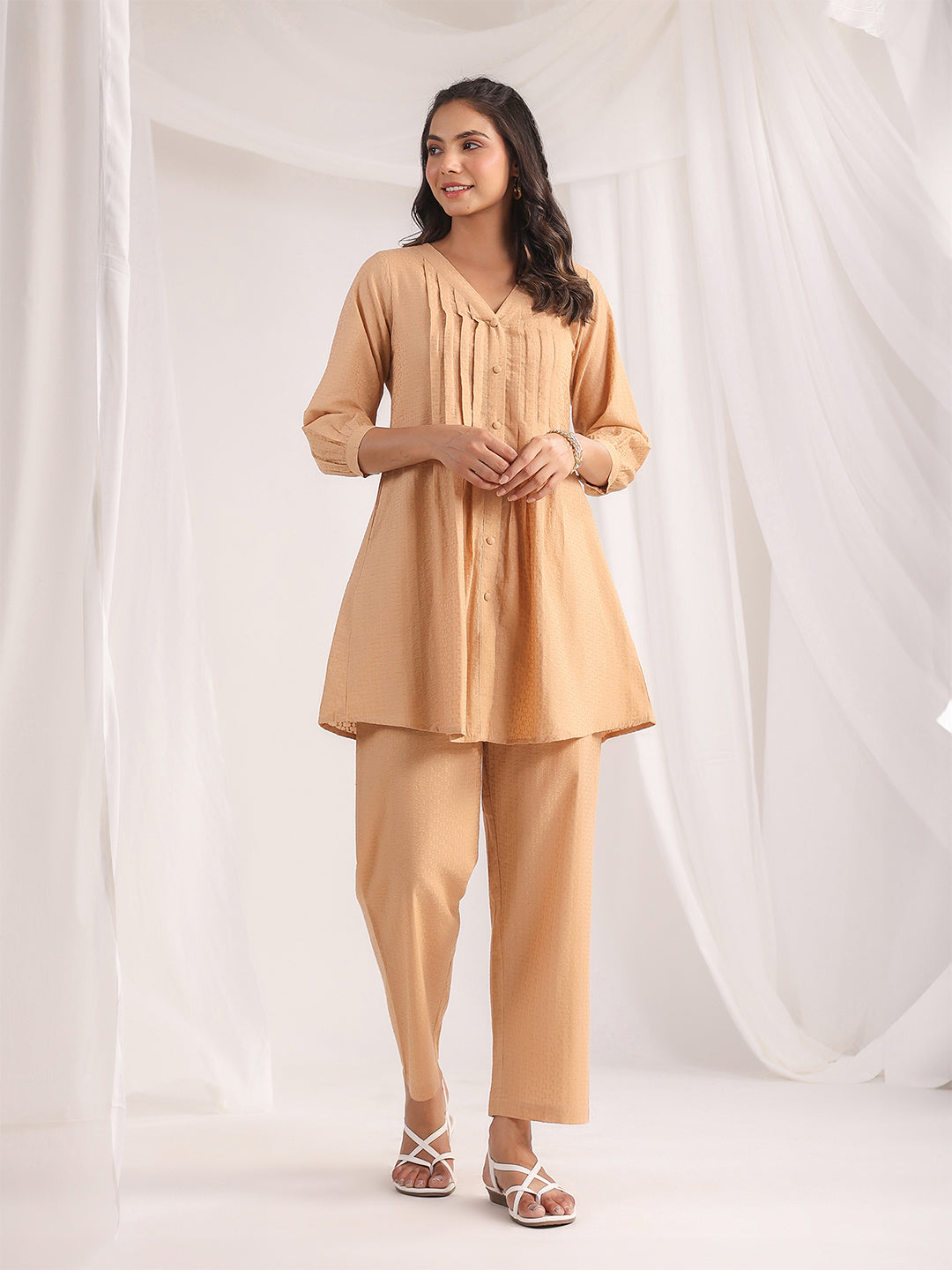 Peach Cotton Jacquard Self Design Pleated Co-Ord Set