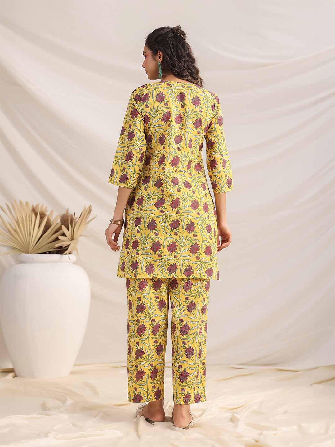 Yellow Cotton Floral Pleated Co-ord Set