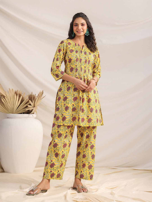 Yellow Cotton Floral Pleated Co-ord Set