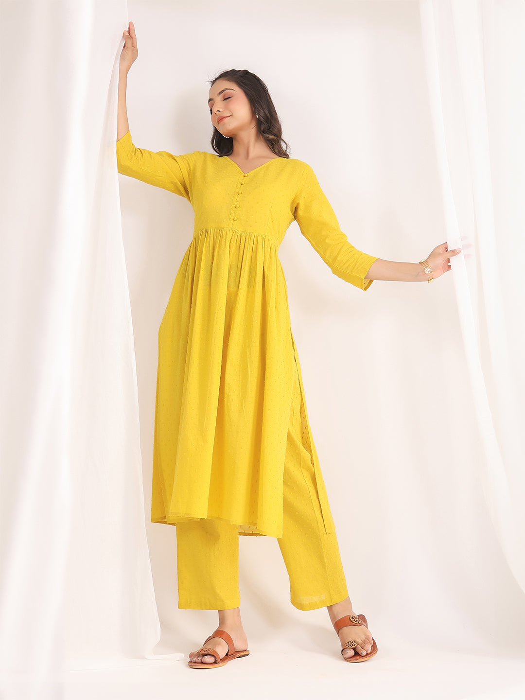 Yellow Dobby Cotton Self Design Co-ord Set