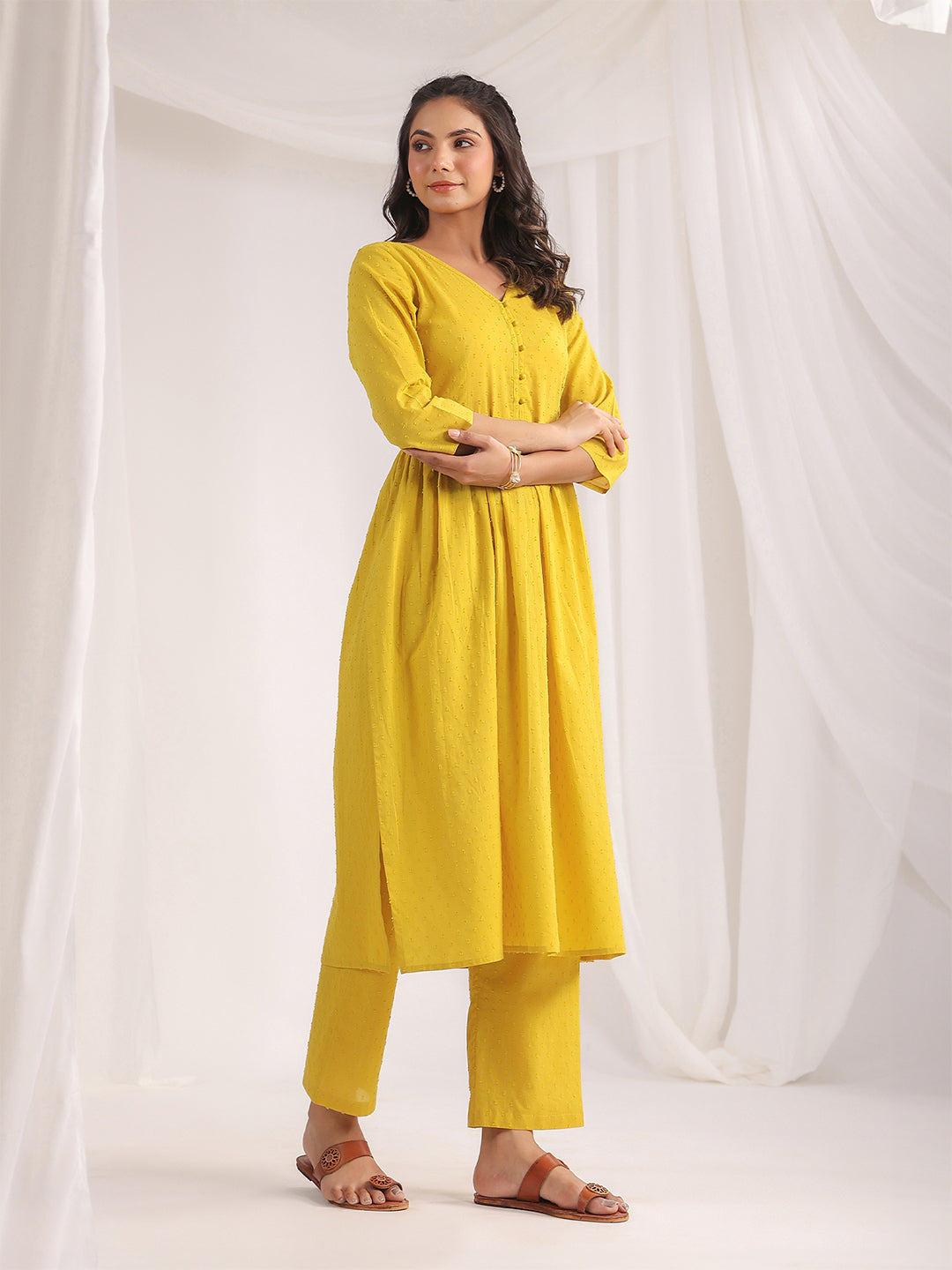 Yellow Dobby Cotton Self Design Co-ord Set