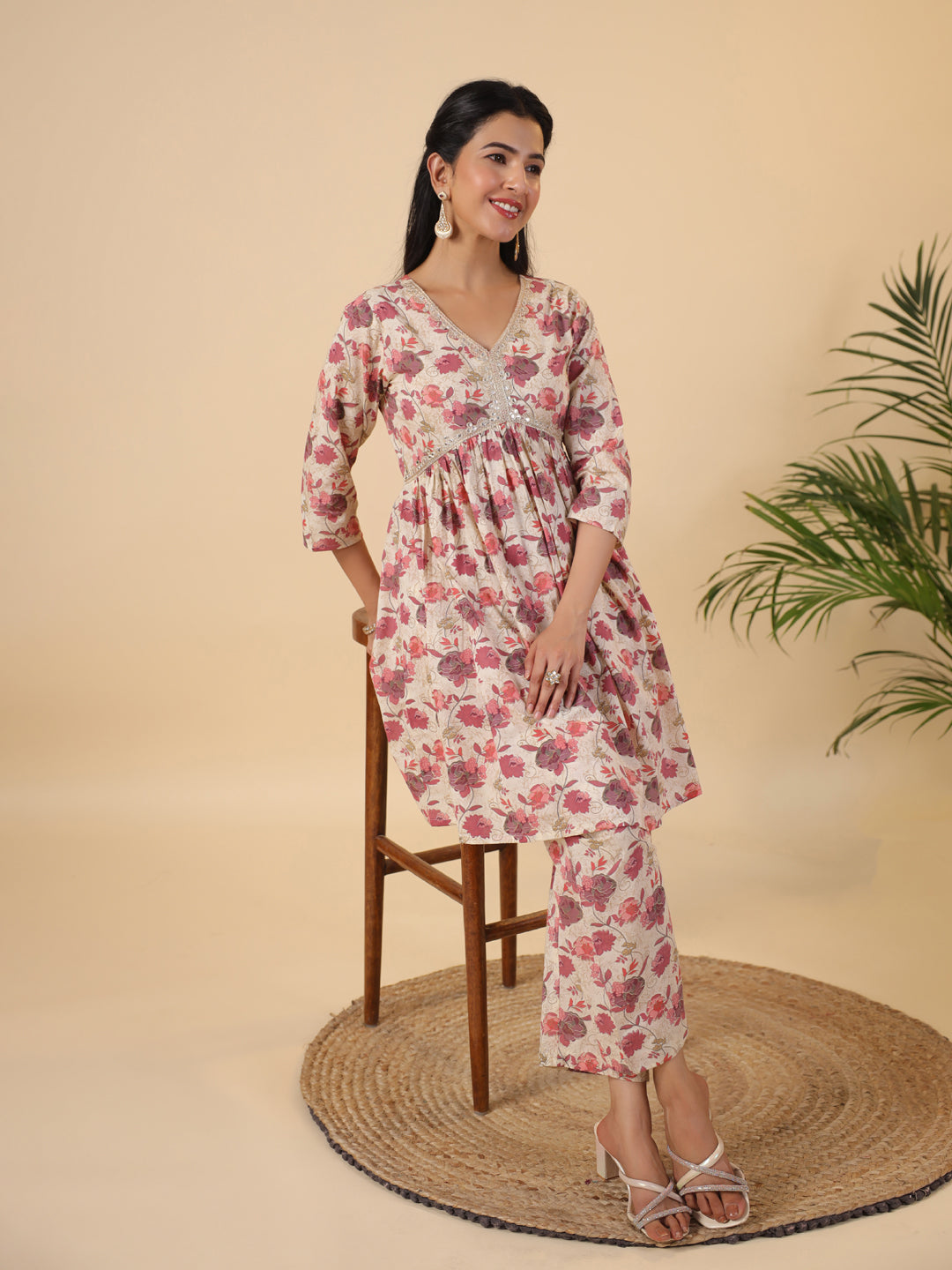 Beige Pure Cotton Floral Printed Co-Ord Set