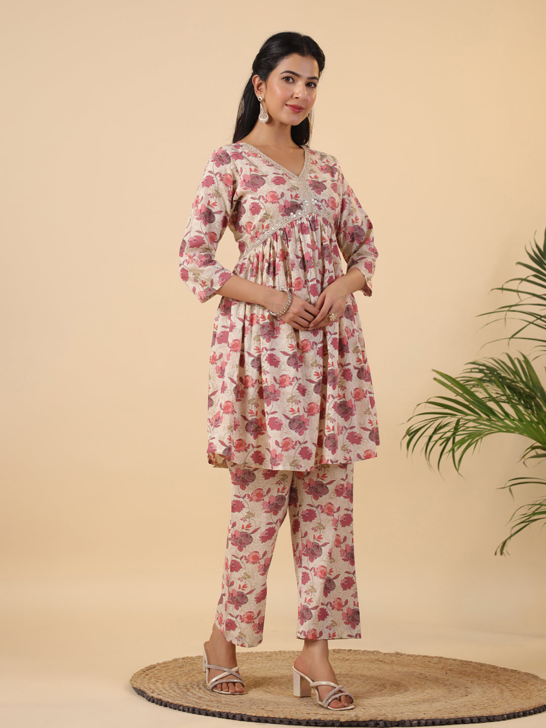 Beige Pure Cotton Floral Printed Co-Ord Set