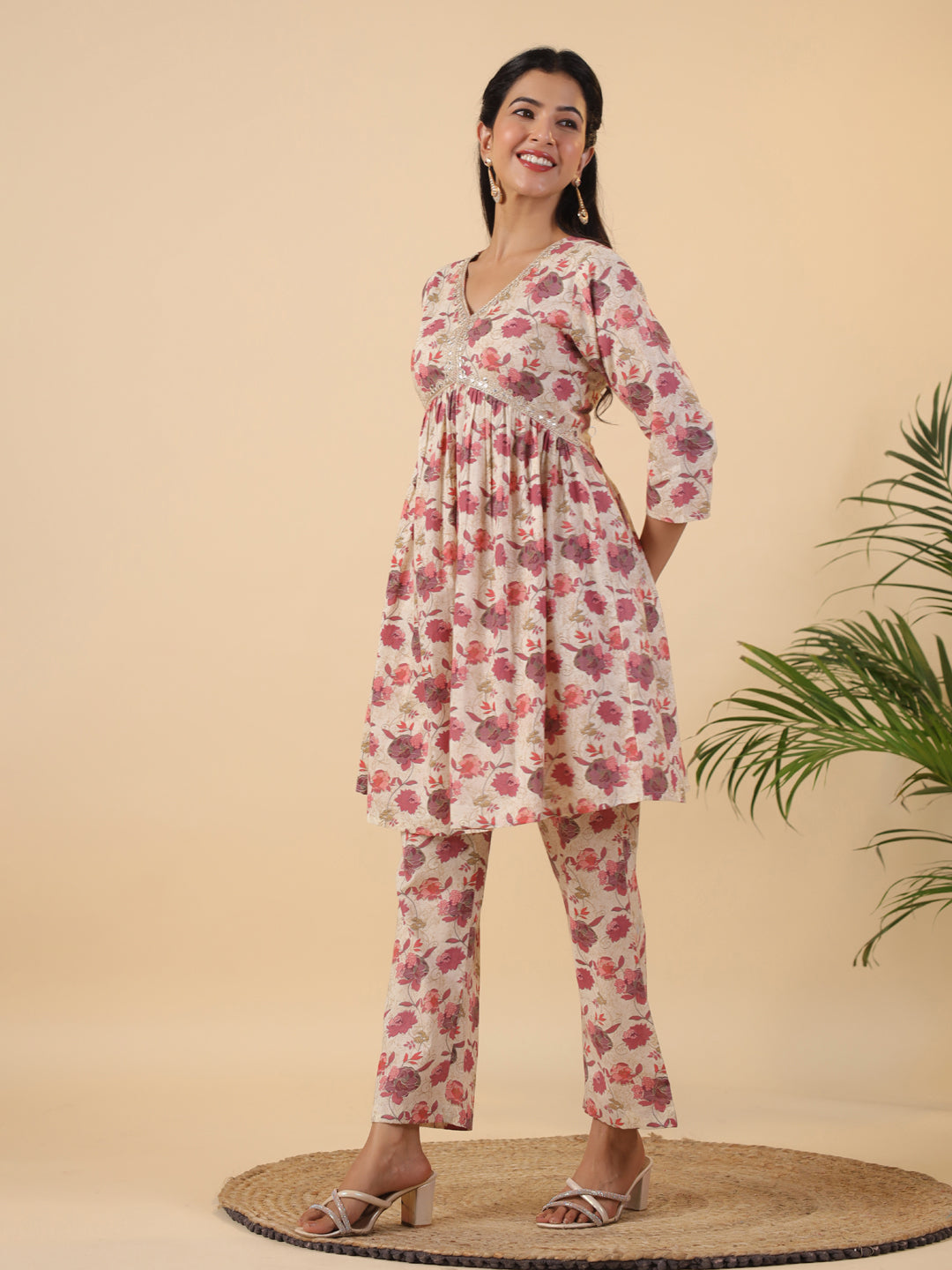 Beige Pure Cotton Floral Printed Co-Ord Set