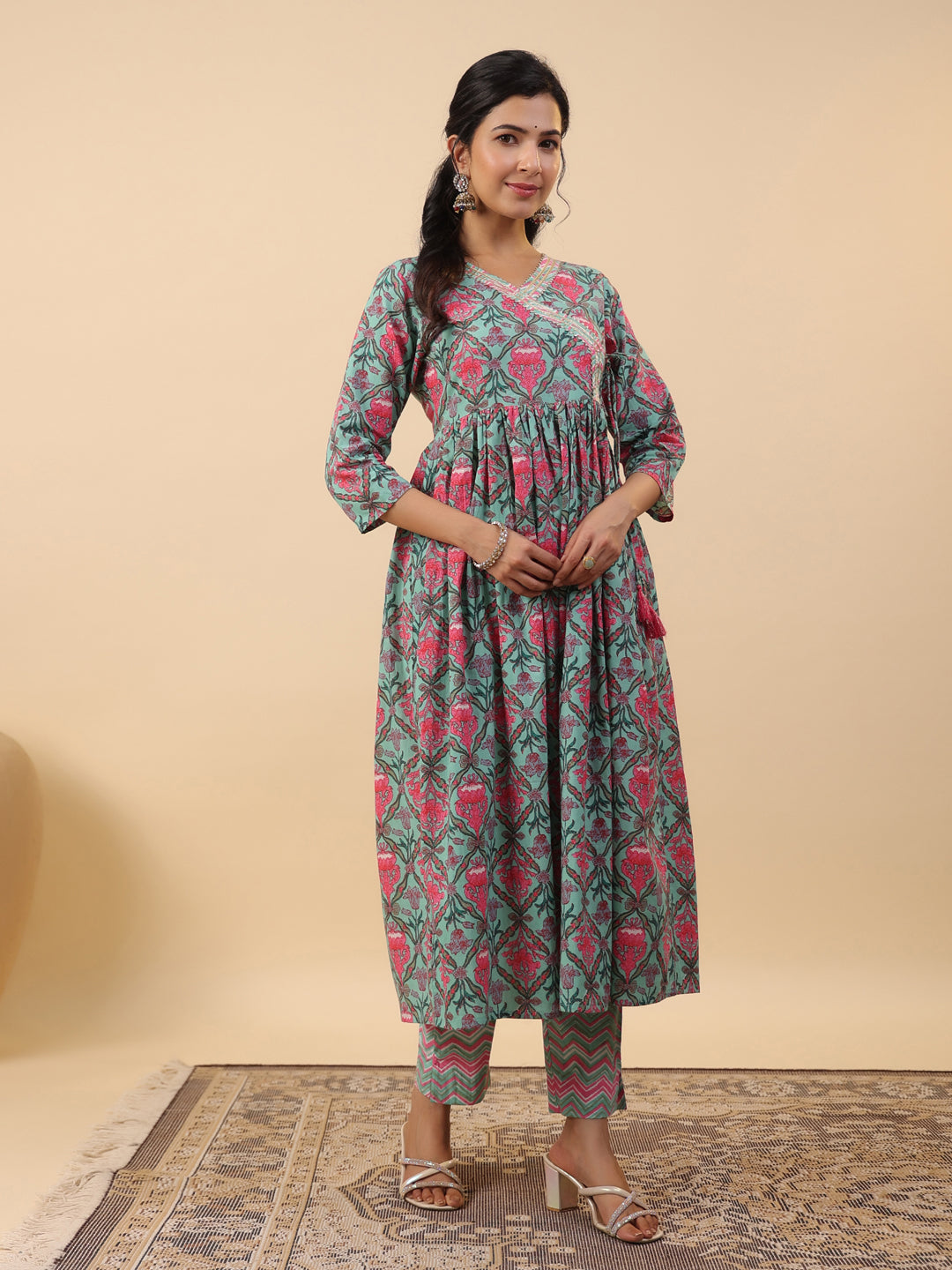 Aqua Pure Cotton Floral Angrakha Co-ord Set