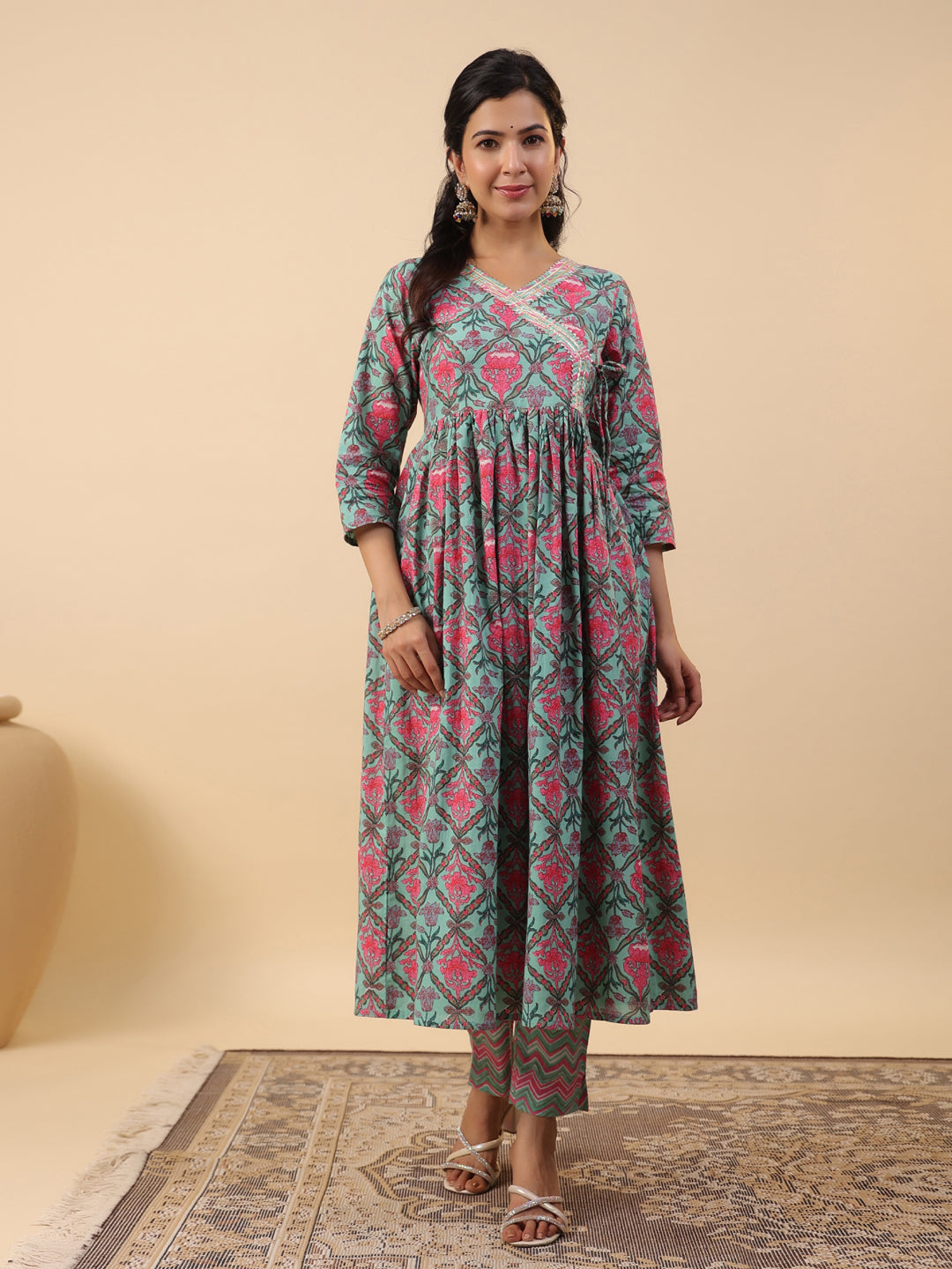 Aqua Pure Cotton Floral Angrakha Co-ord Set