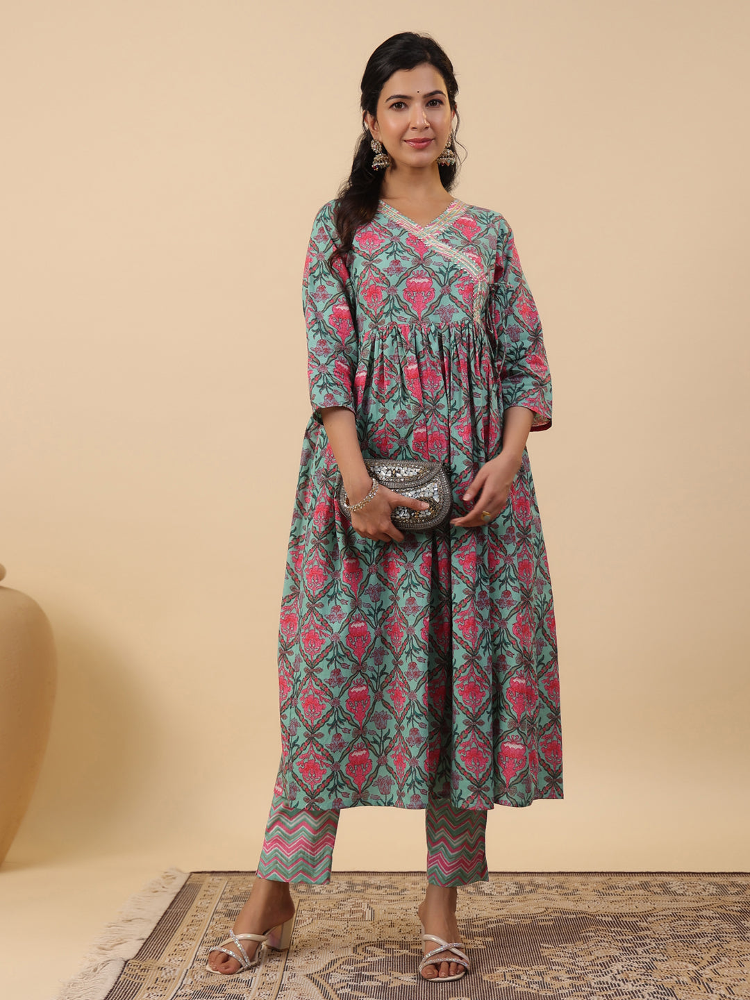 Aqua Pure Cotton Floral Angrakha Co-ord Set