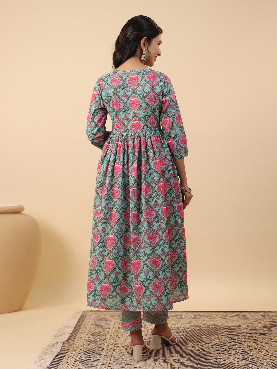 Aqua Pure Cotton Floral Angrakha Co-ord Set