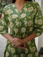 Green Cotton Floral A-Line Dress