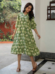 Green Cotton Floral A-Line Dress
