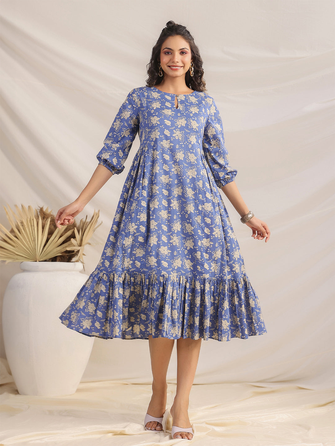 Blue Cotton Floral Fit & Flare Dress