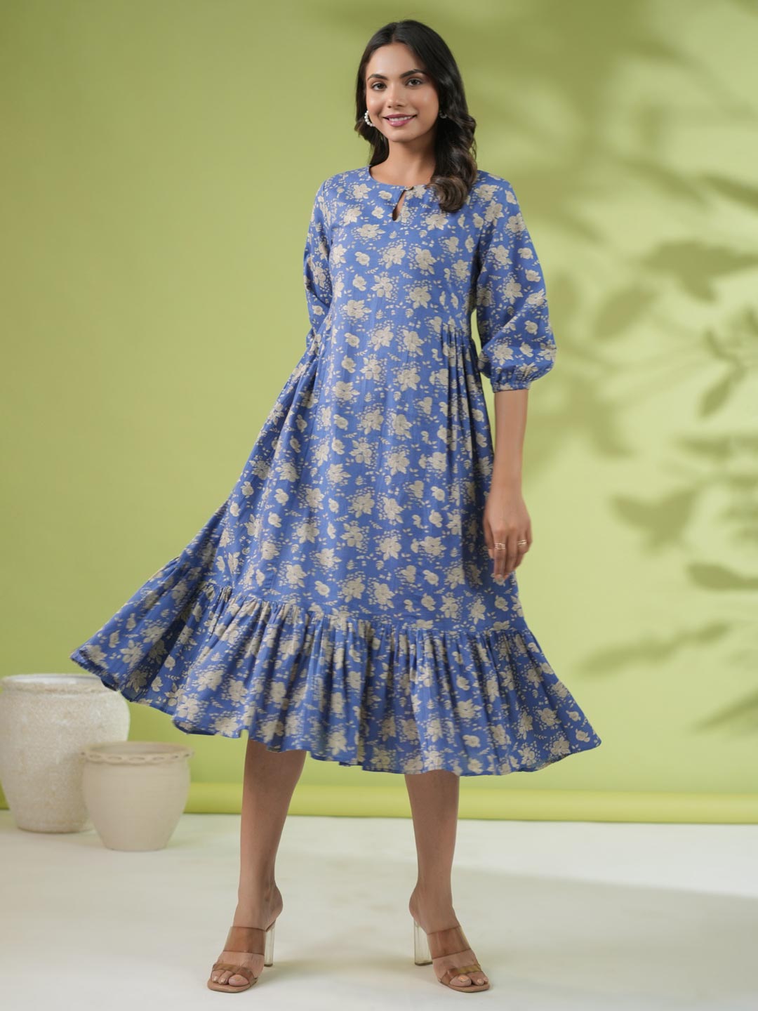 Blue Cotton Floral Fit & Flare Dress