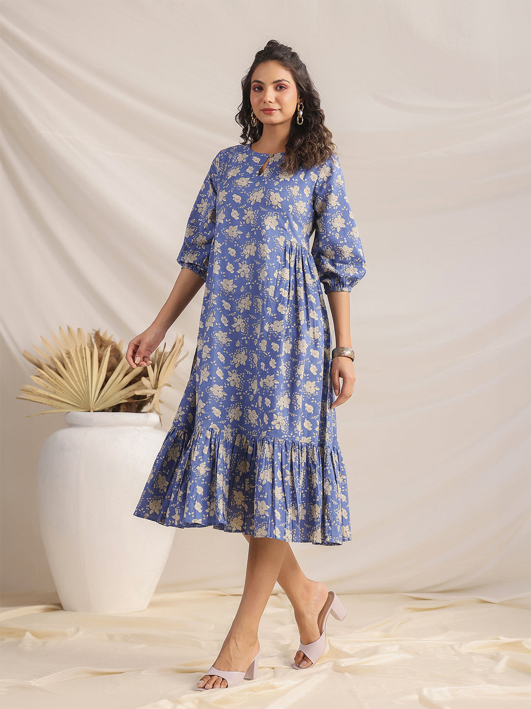 Blue Cotton Floral Fit & Flare Dress