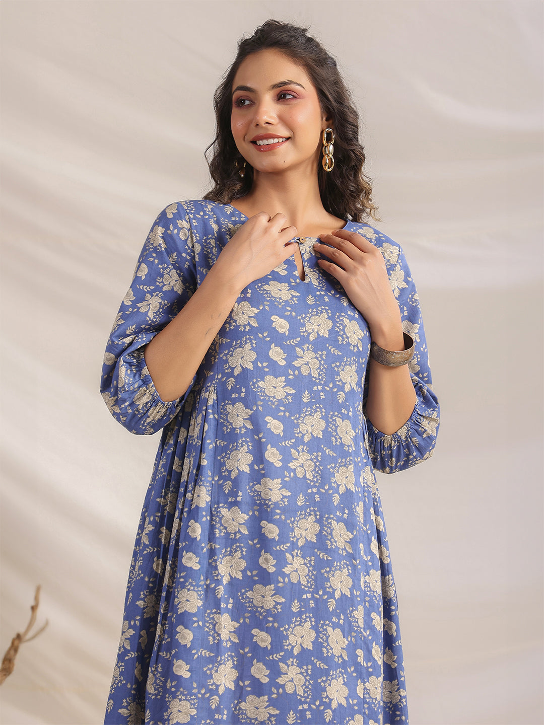 Blue Cotton Floral Fit & Flare Dress