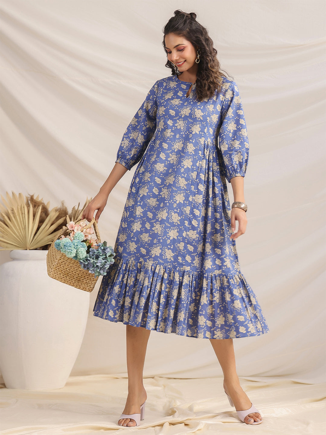 Blue Cotton Floral Fit & Flare Dress