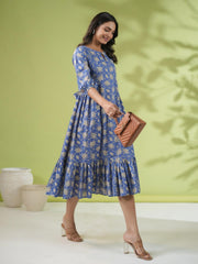 Blue Cotton Floral Fit & Flare Dress