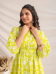 Lime Cotton Floral Gathered Dress