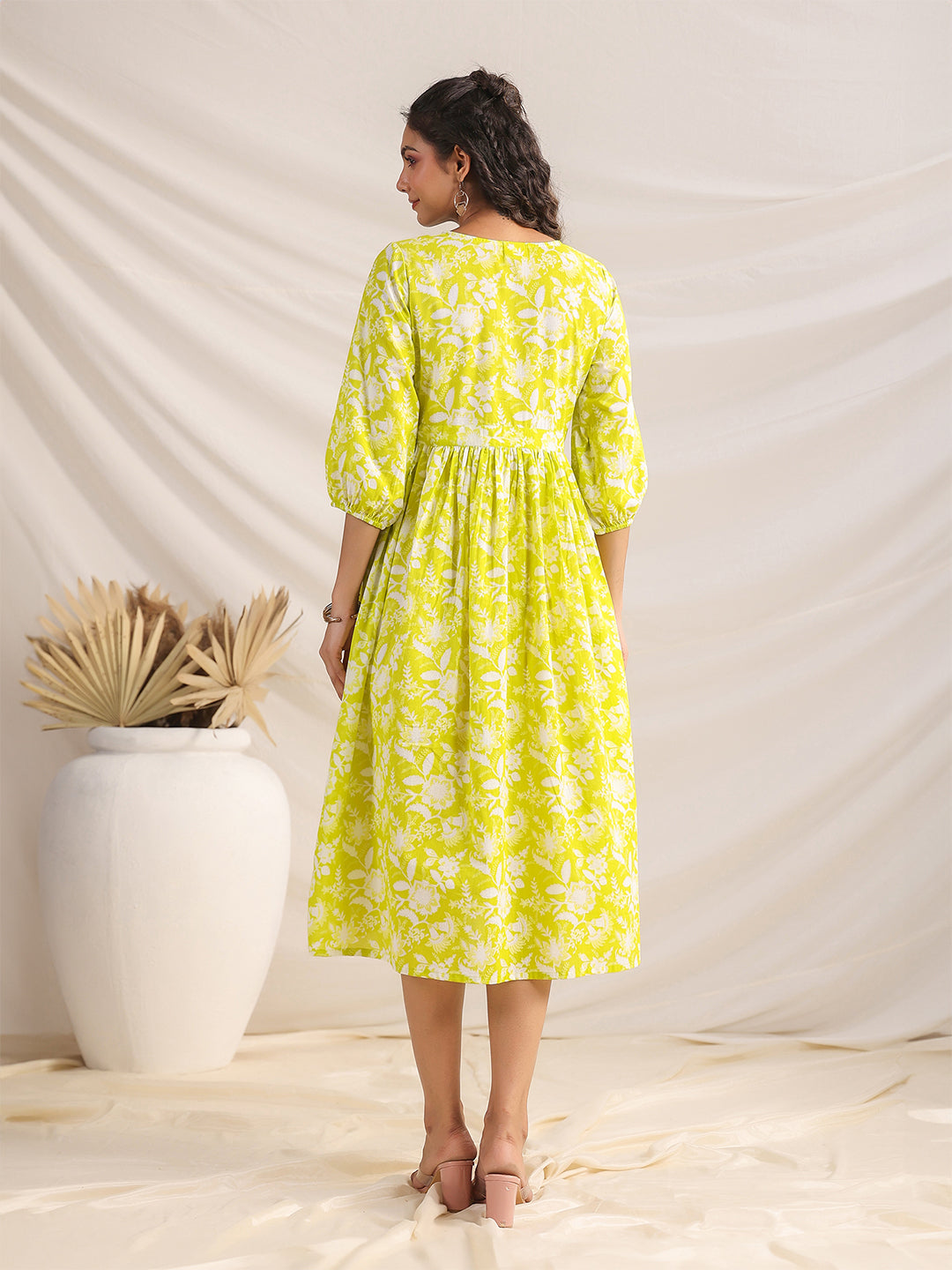 Lime Cotton Floral Gathered Dress