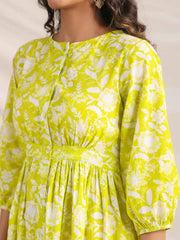 Lime Cotton Floral Gathered Dress