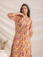 Yellow Cotton Floral Gathered Dress