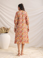 Yellow Cotton Floral Gathered Dress