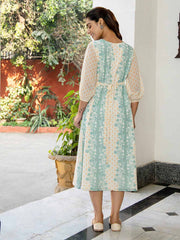Off White Dobby Georgette Floral Flared Dress