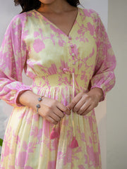 Light Yellow Dobby Georgette Floral Fit & Flare Dress