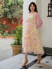 Light Yellow Dobby Georgette Floral Fit & Flare Dress