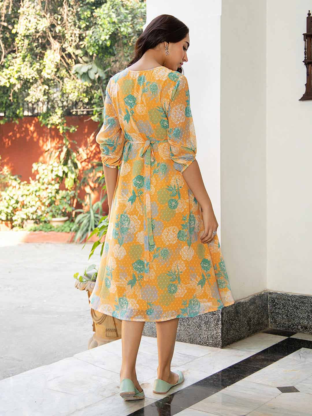 Mustard Dobby Georgette Floral Flared Dress