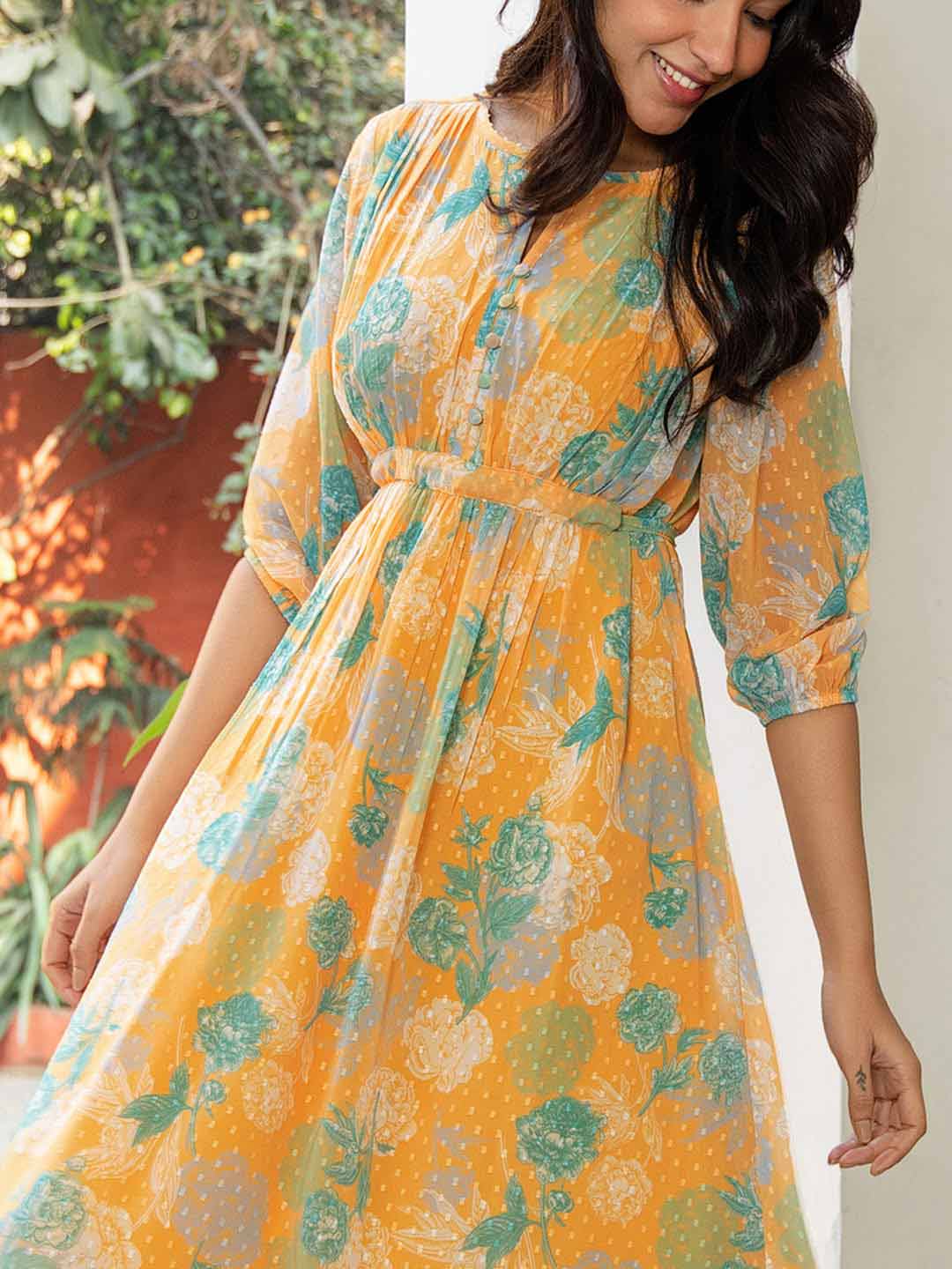 Mustard Dobby Georgette Floral Flared Dress