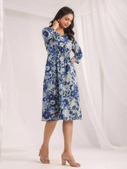 Indigo Cotton Floral Panelled Dress