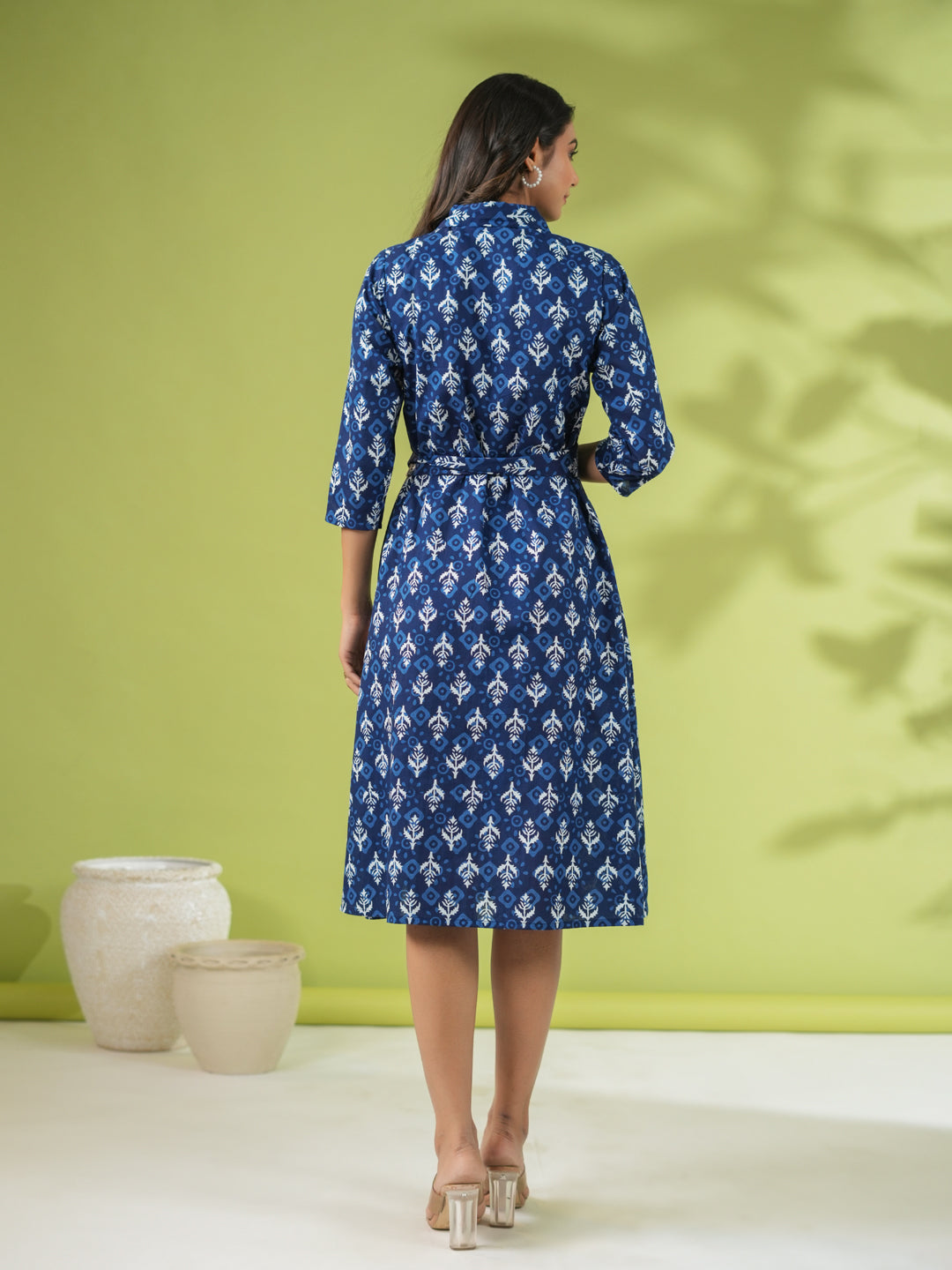 Indigo Cotton Ethnic Motifs Button Down Shirt Style Dress