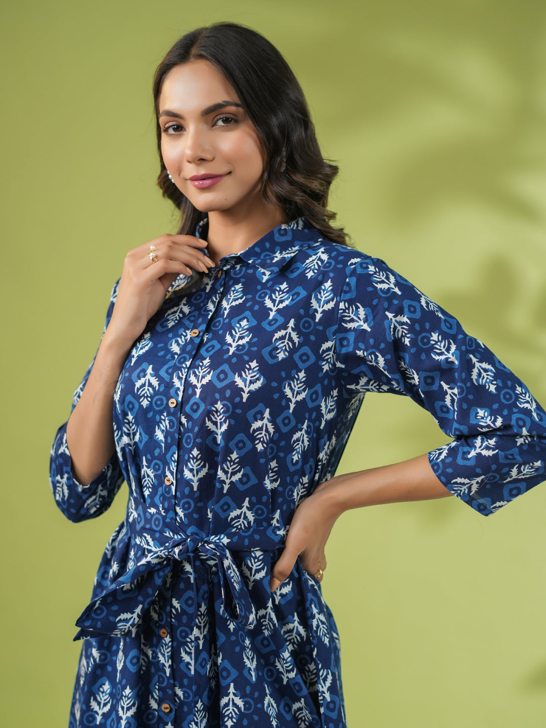 Indigo Cotton Ethnic Motifs Button Down Shirt Style Dress