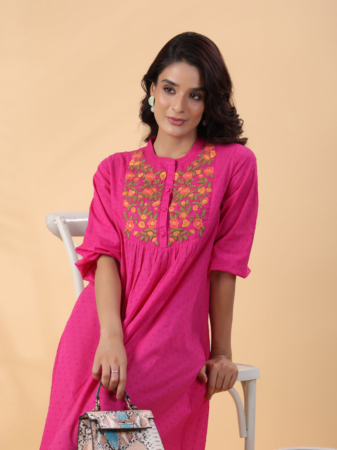 Pink Dobby Cotton Yoke Embroidery A-Line Dress