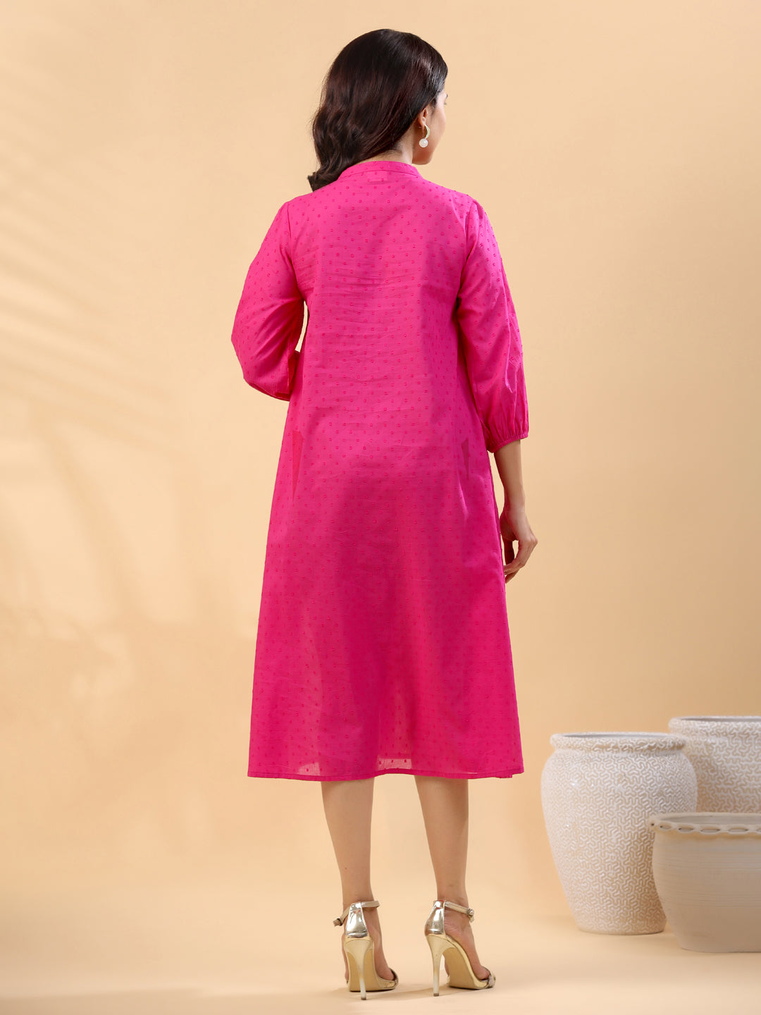 Pink Dobby Cotton Yoke Embroidery A-Line Dress