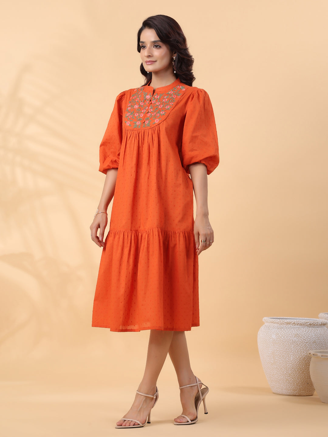 Rust Dobby Cotton Embroidered Pleated Dress