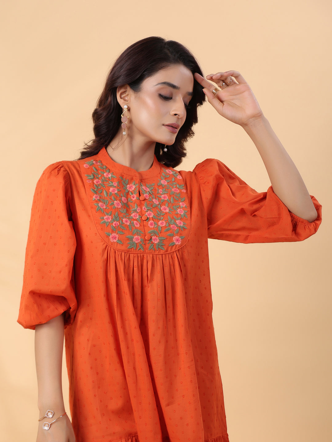 Rust Dobby Cotton Embroidered Pleated Dress