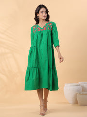 Green Dobby Cotton Embroidered Pleated Dress
