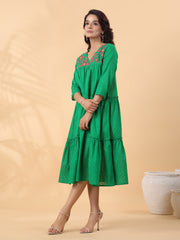 Green Dobby Cotton Embroidered Pleated Dress