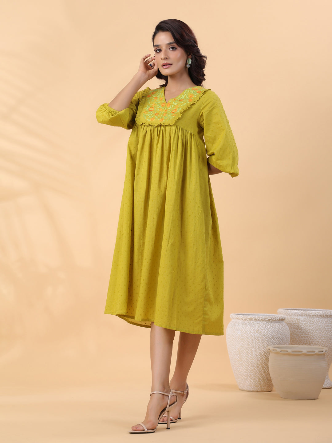 LIme Green Dobby Cotton Pleated Dress