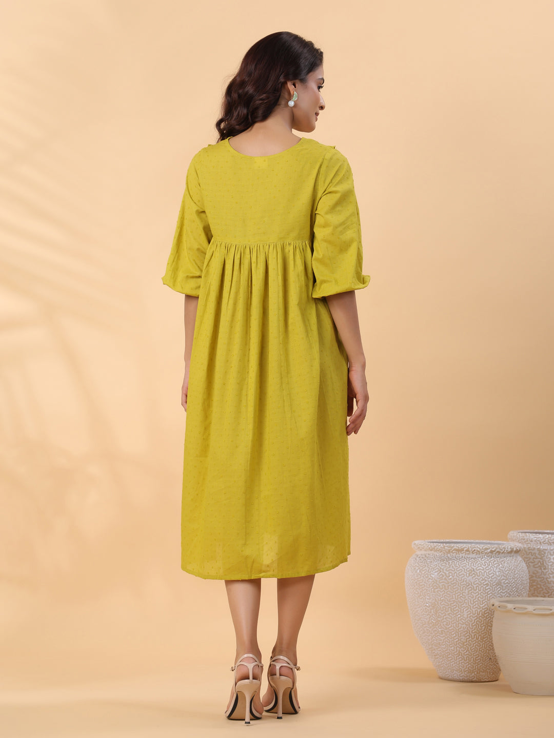 LIme Green Dobby Cotton Pleated Dress
