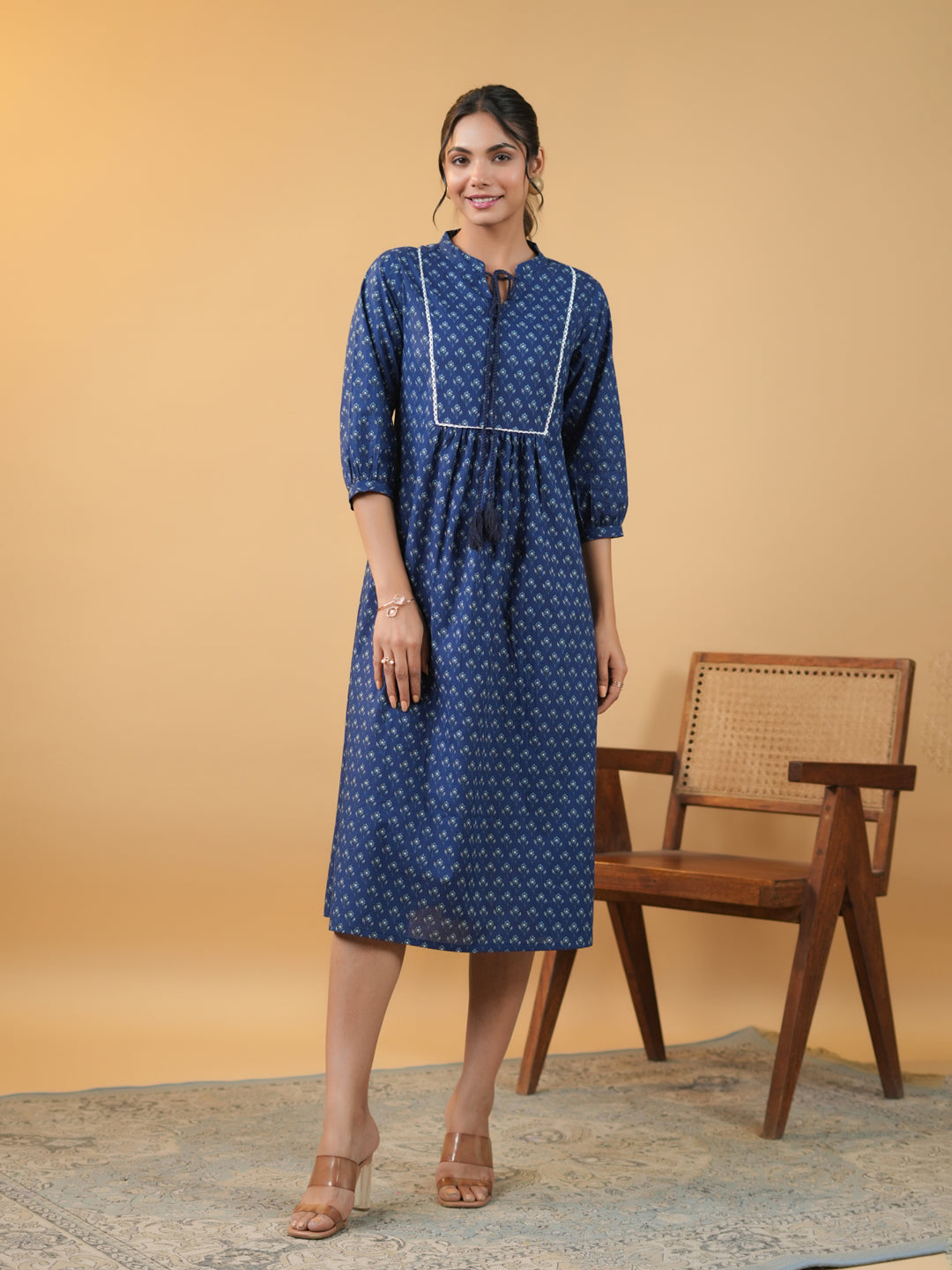 Indigo Cotton Floral Printed A-Line Kurta