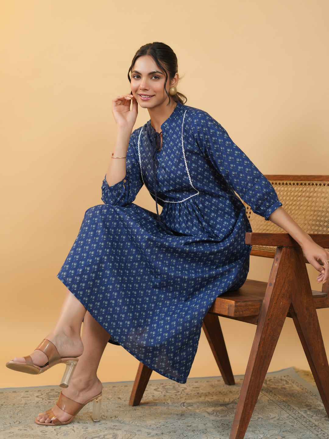 Indigo Cotton Floral Printed A-Line Kurta