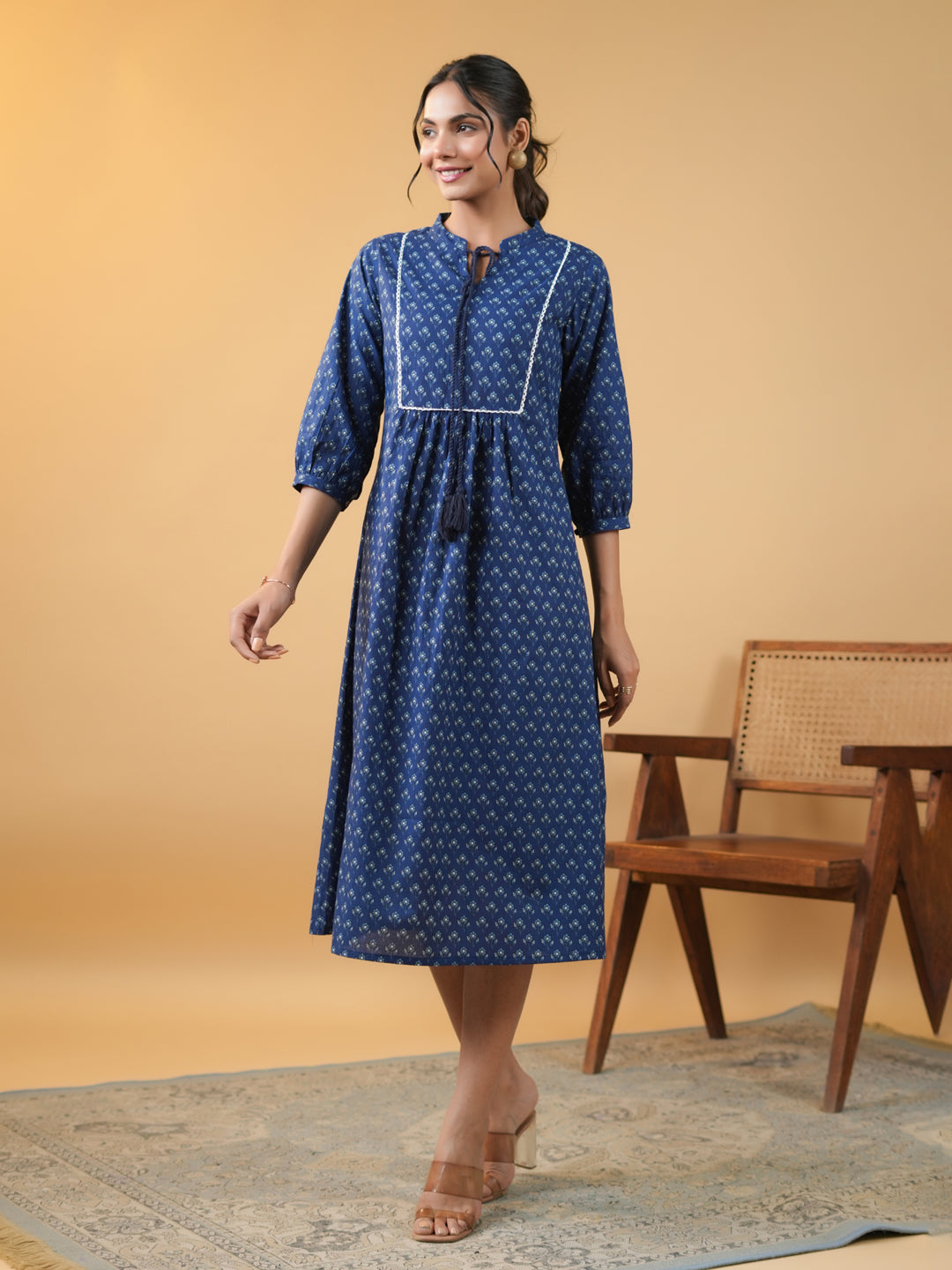 Indigo Cotton Floral Printed A-Line Kurta